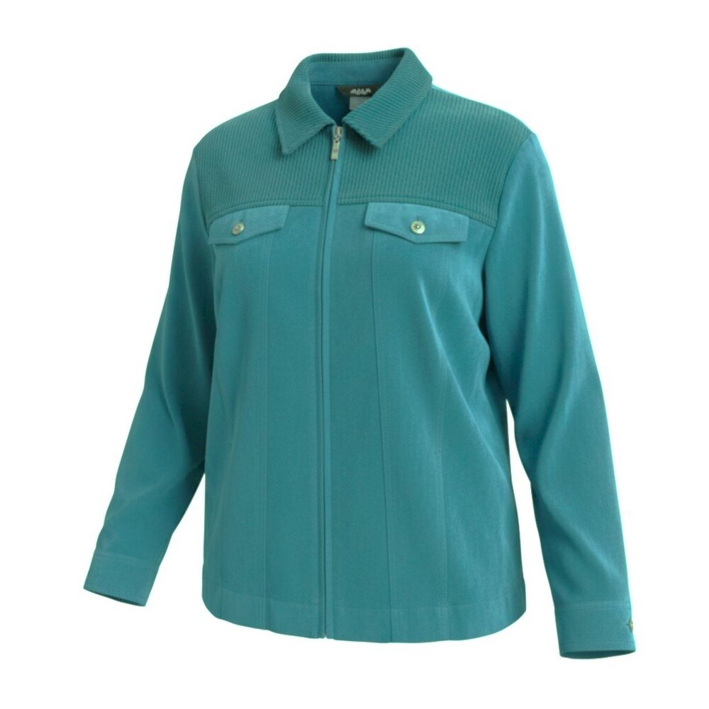 Alia Petite Zip Up Moto Style Jacket Dark Teal Blue Microsuede and Knit Size XL